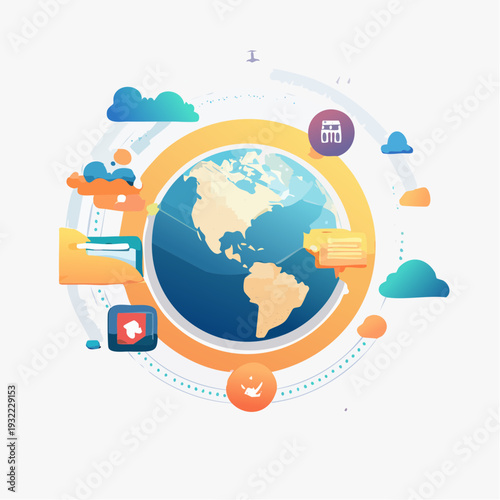 Dynamic illustration of global digital network, cloud data management, and worldwide communication systems