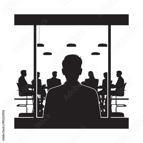 Silhouette of a person viewing a business meeting in progress