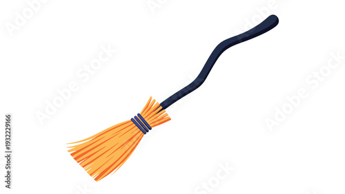 Traditional witch broomstick features a long dark curved handle and yellow bristles tied with blue cord for a classic halloween symbol.