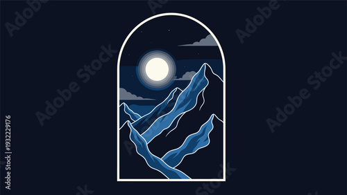 Striking illustration of a moonlit mountain range is framed within a tall arch against a dark starry sky for a peaceful nature scene.