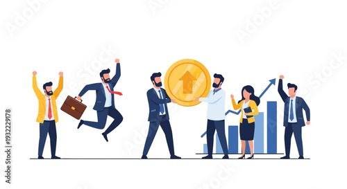 Business team celebrating success and financial growth with upward arrow