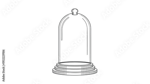 Simple black and white line drawing of a glass dome or cloche with a tiered wooden base is presented on a clean white background.