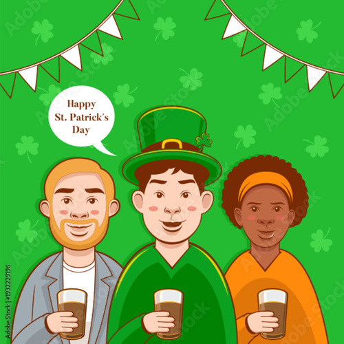 Simple cartoon illustration of three men and women happily drinking beer and celebrating St. Patrick’s Day. Character design for cultural celebration. Generic, unidentifiable characters. Not created b