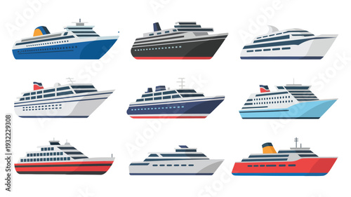 Set of modern cruise ship and passenger liner illustrations in flat design. Ideal for luxury ocean travel, vacations, and maritime themes