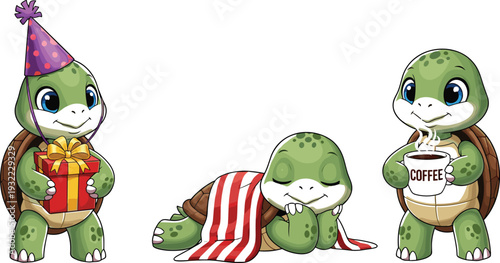 Cute cartoon turtle character vector illustration set showing celebration, sleeping, and coffee moments, adorable mascot animals isolated on white background