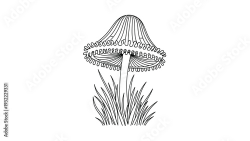 Detailed black and white line art illustration of a single mushroom with a tall stem and a frilled cap growing in a patch of grass.