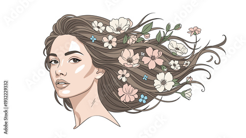 Beautiful profile portrait of a young woman with long flowing brown hair adorned with various colorful spring flowers.