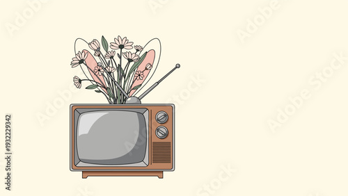 Creative illustration features a bouquet of wildflowers growing out of the top of an old vintage television set on a plain background.