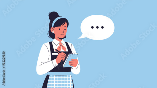 Professional waitress in a uniform holds a notebook and pen ready to take an order as indicated by a speech bubble above.