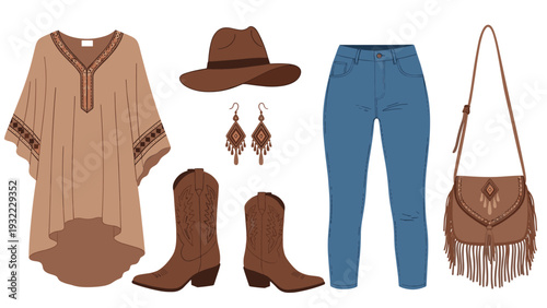 Stylish western fashion set features a brown poncho, cowboy boots, a wide brim hat, blue jeans, and a fringed suede bag.