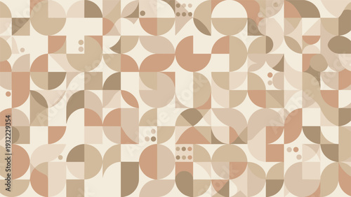 Seamless abstract geometric pattern is composed of circles, half circles, and squares in a sophisticated earthy neutral color palette.