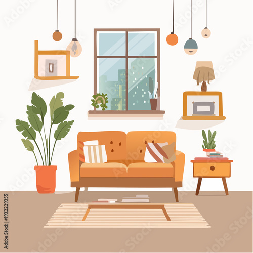 Cozy modern living room interior illustration with comfortable sofa, plants, and warm decor