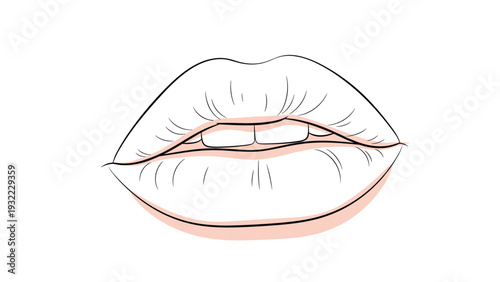 Minimalist line art drawing captures the delicate shape and texture of a pair of human lips with a subtle touch of pink color.