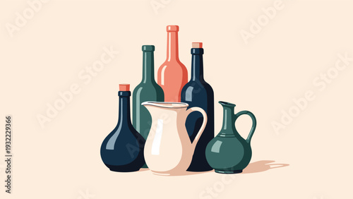 Artistic still life arrangement of various glass bottles and ceramic jugs in different shapes and muted colors on a plain background.