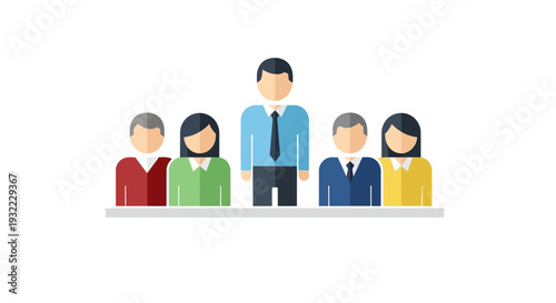 Business team leader stands before a group of employees in a line