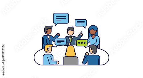 Business team meeting around oval table discussing ideas and strategies