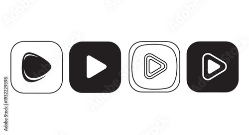 Black and White Video Play Icon Set, 4 Rounded Button Styles - Solid Silhouette, Thin Outline, Modern Filled Design
