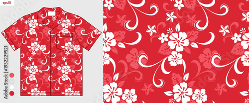 Red Hawaiian shirt mockup featuring hibiscus flowers and tropical leaves, summer fashion fabric design, complete floral artwork for beach shirts and casual wear, textile presentation, not AI generated