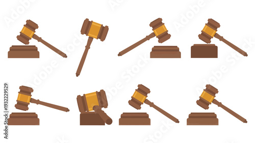 Collection of 8 unique gavel icons on wooden blocks representing justice, law, auction, and decision-making, presented in a clean vector graphic style