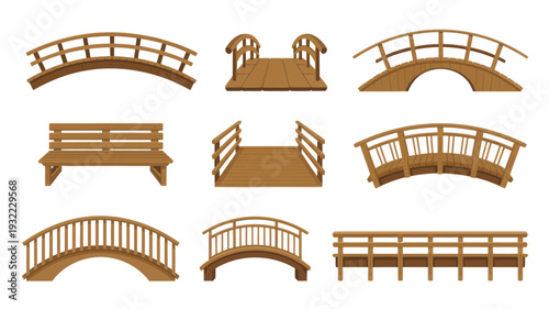 A diverse set of beautifully illustrated wooden bridges and a charming park bench, providing versatile architectural elements for enhancing garden and landscape design projects