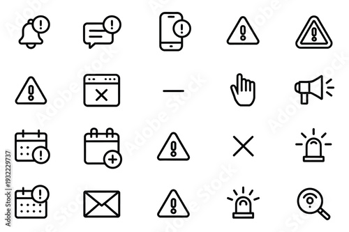 Alert risk sign line icon set with caution, warning and exclamation mark symbols in thin editable stroke style vector illustration.