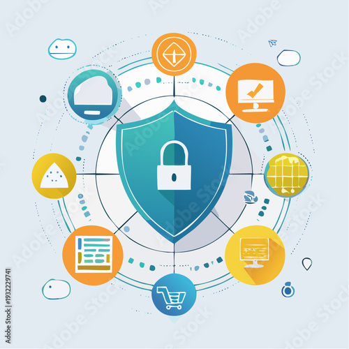 Cybersecurity shield with interconnected digital security and online protection icons