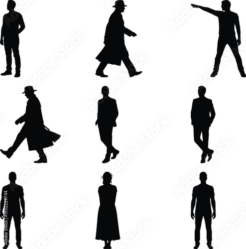 Mix of human silhouettes including men in suits and trench coats, and a woman in a dress, shown in various actions on a white background.