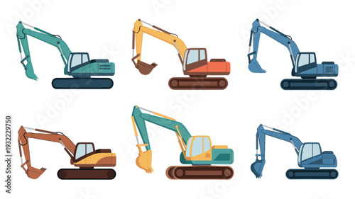 A Collection of Six Different Excavator Machine Illustrations, Showcasing Variety in Color and Design for Construction and Industrial Use