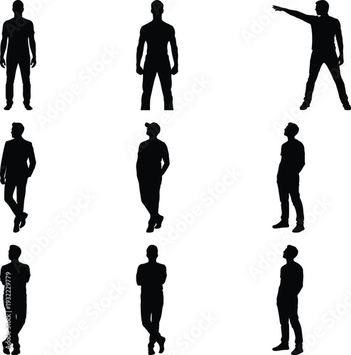 Set of nine male silhouettes displaying different stances and casual poses, conveying a sense of individuality and presence on white.