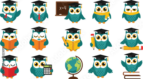 Cute education owl vector illustration set with cartoon teacher characters, books, globe, calculator, and academic symbols for learning and school design