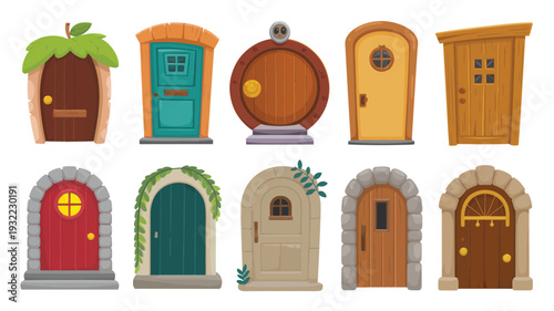 A whimsical collection of cartoon-style doors, featuring a variety of shapes, colors, and unique architectural elements, perfect for fantasy or game design