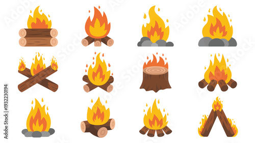 A diverse set of simple cartoon fire illustrations, featuring various burning wood logs and bright orange flames, ideal for outdoor camping and warmth graphic design projects