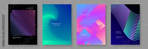 Collection of four abstract posters featuring colorful gradients liquid shapes and minimalist typography for modern interior decor or event promotion