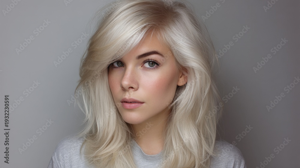 Naklejka premium Stunning Portrait of a Young Woman with Voluminous Blonde Hair Against a Soft Gray Background