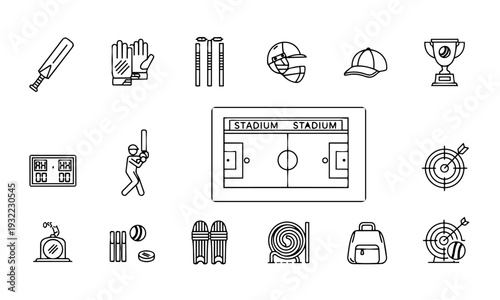 Cricket Line Icon Set – Bat, Gloves, Wickets, Helmet, Stadium and Trophy Outline Vector Collection
