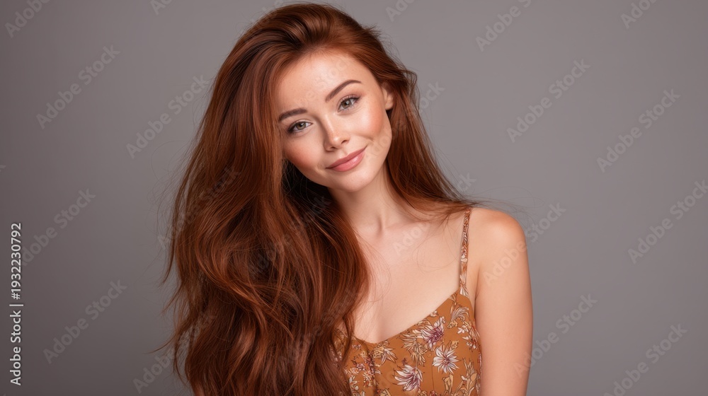 Naklejka premium Bright Smiling Woman with Long Brown Hair in Casual Floral Dress Against Neutral Background