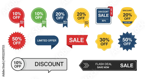 Colorful discount sale badges and promotional labels vector illustration