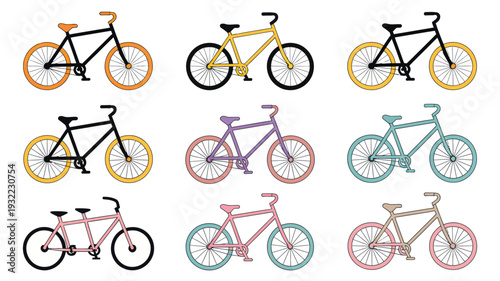 A clean minimalist illustration set of eight different bicycle designs in various color schemes, perfect for graphic design projects