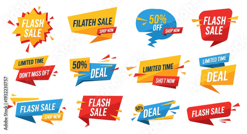 Colorful flash sale and deal badges on white background