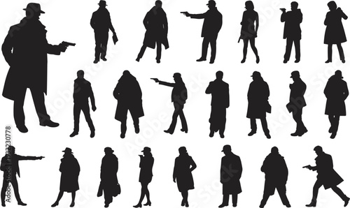Collection of detective and gangster silhouettes holding handguns, noir style characters in trench coats, crime scene concept isolated illustration