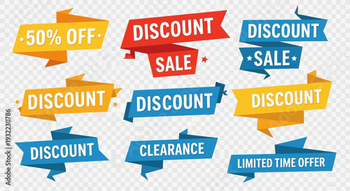 Colorful discount sale banners and ribbons on transparent background