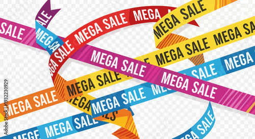 Colorful ribbons with mega sale text for promotional or advertising use