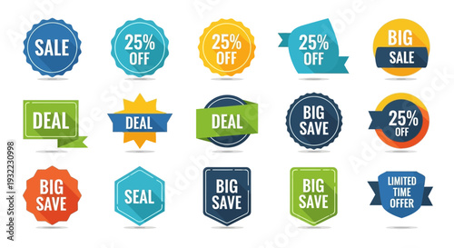 Colorful sale and deal badges for retail promotions and marketing campaigns