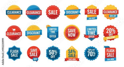 Colorful sale and clearance badges with various text labels and designs