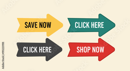 Colorful arrow icons with text promoting offers and calls to action