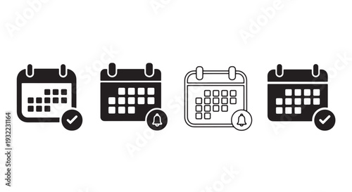 Black and White Calendar Reminder Icon Set, 4 with Notification Mark Styles - Rounded, Solid, Outline, Modern Filled