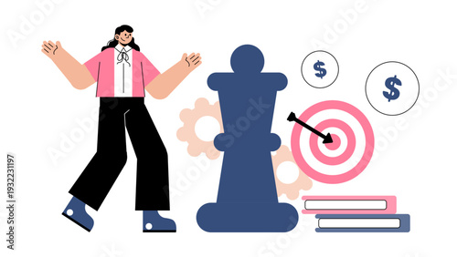 Business woman planning with chess piece target and money symbols