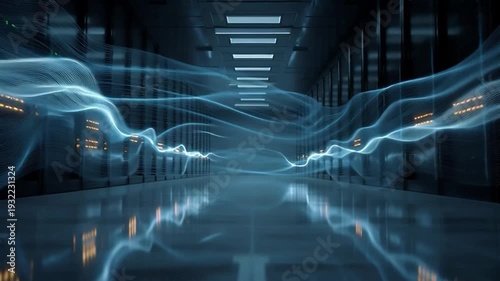 Futuristic data center interior with dynamic light streaks symbolizing digital information flow and advanced computing networks