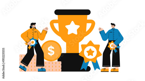 Achieving milestones with a business team celebrating success around a large golden trophy