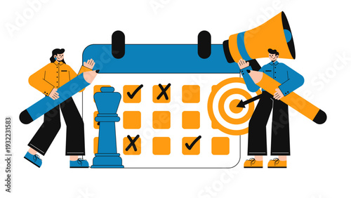 Strategic planning using chess pieces and a megaphone on a business calendar